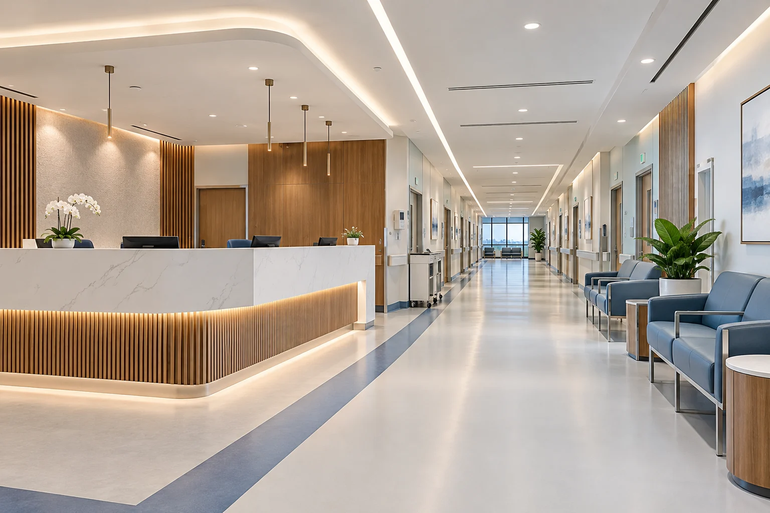 Illustrative healthcare reception and clinical interior