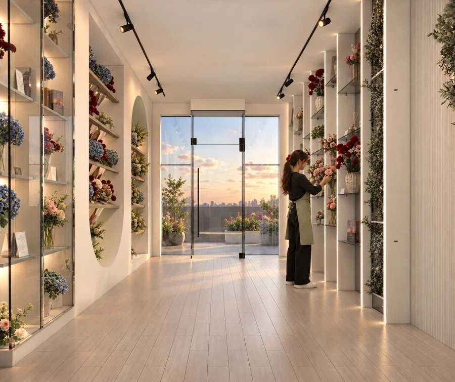 Vasa Flower Shop, Syria - Entrance and display aisle - supplied design visual