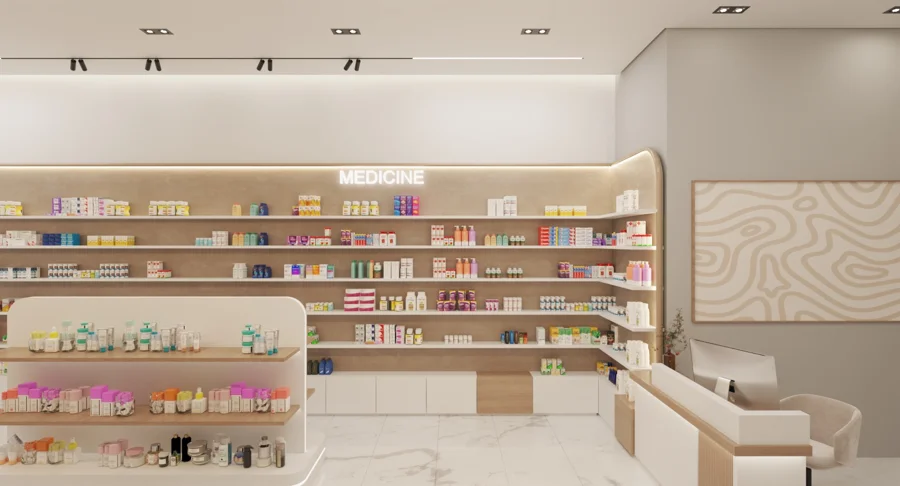Pharmacy interior design visualisation: Retail layout and dispensing area