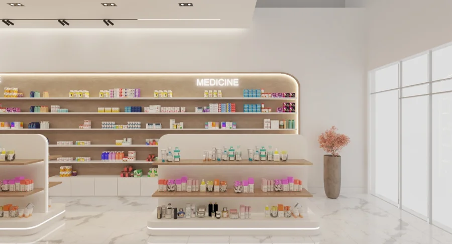 Pharmacy interior design visualisation: Illuminated product displays