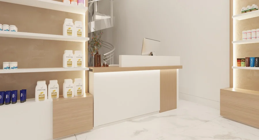 Pharmacy interior design visualisation: Dispensing counter detail