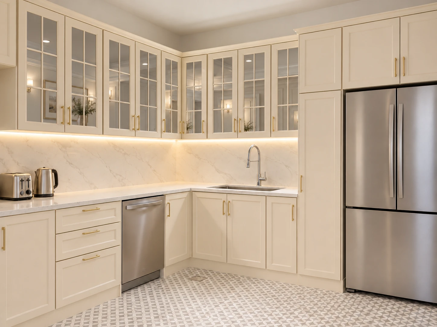 AI-enhanced Project 1 kitchen concept with light stone countertop, matching backsplash and fitted appliances