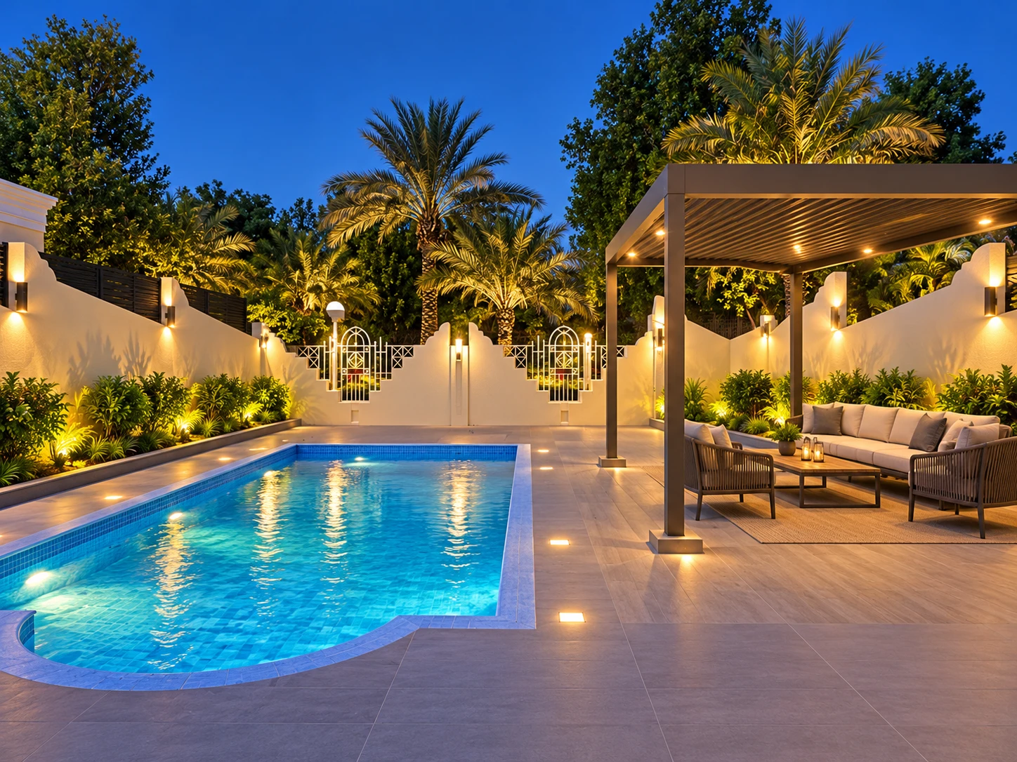 Enhanced evening visualisation of Project 1 swimming pool, gazebo seating and illuminated planting